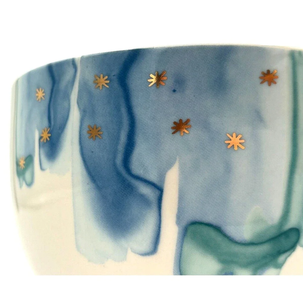 Anthropologie‎ Night Sky Bowl Stoneware Blue Teal Drip Watercolor Wash Gold Star
